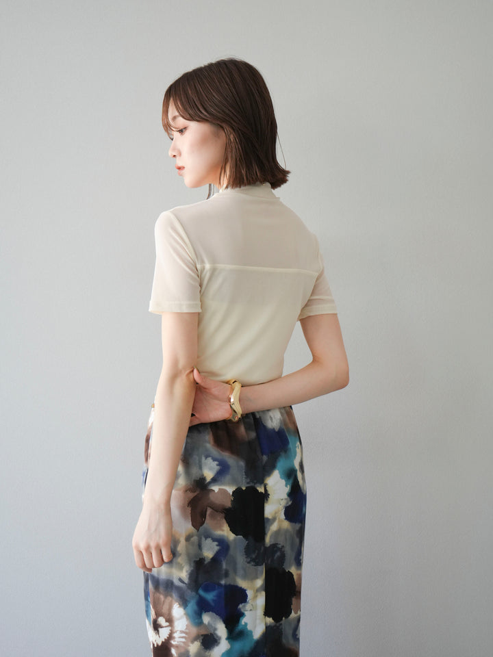 [SET] 透視半袖上衣 + 水彩印花褶襉I字裙 (2set)