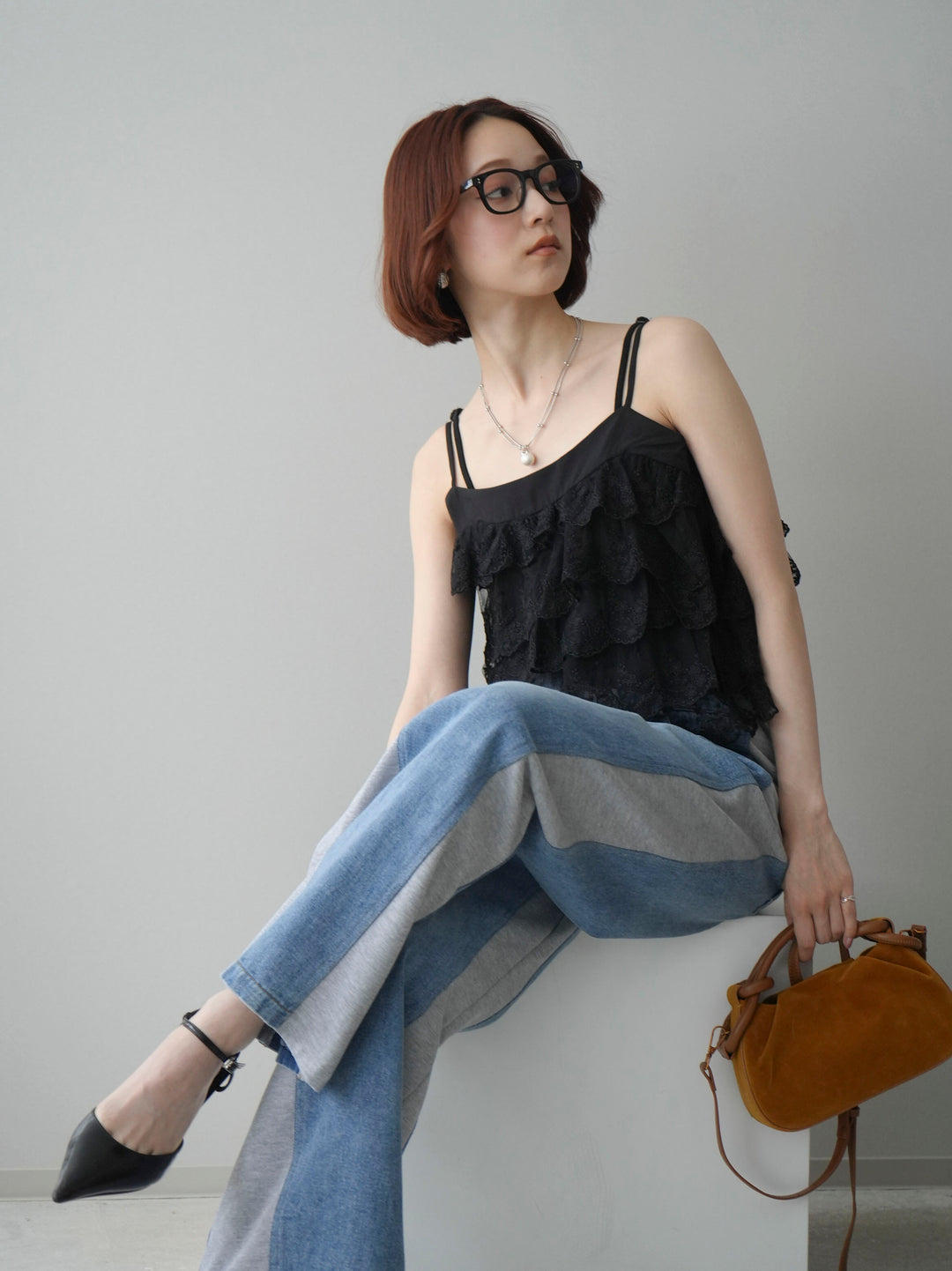 [SET]スカラップレースフリルキャミソール+デニム切替スウェットパンツ(2set)