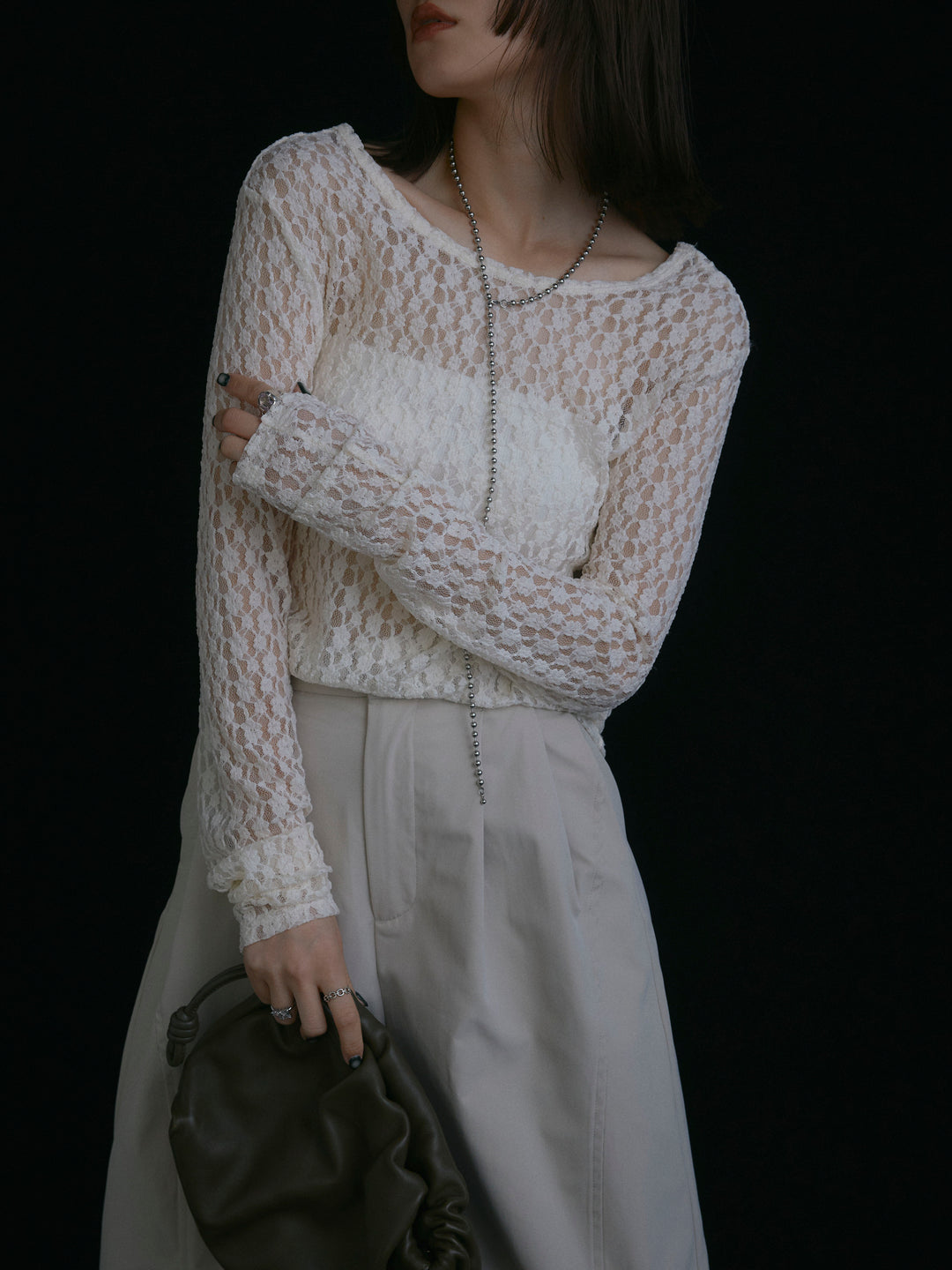 【Allure】[SET]バックラウンドレーストップス+タフタワイドカーブパンツ(2set)