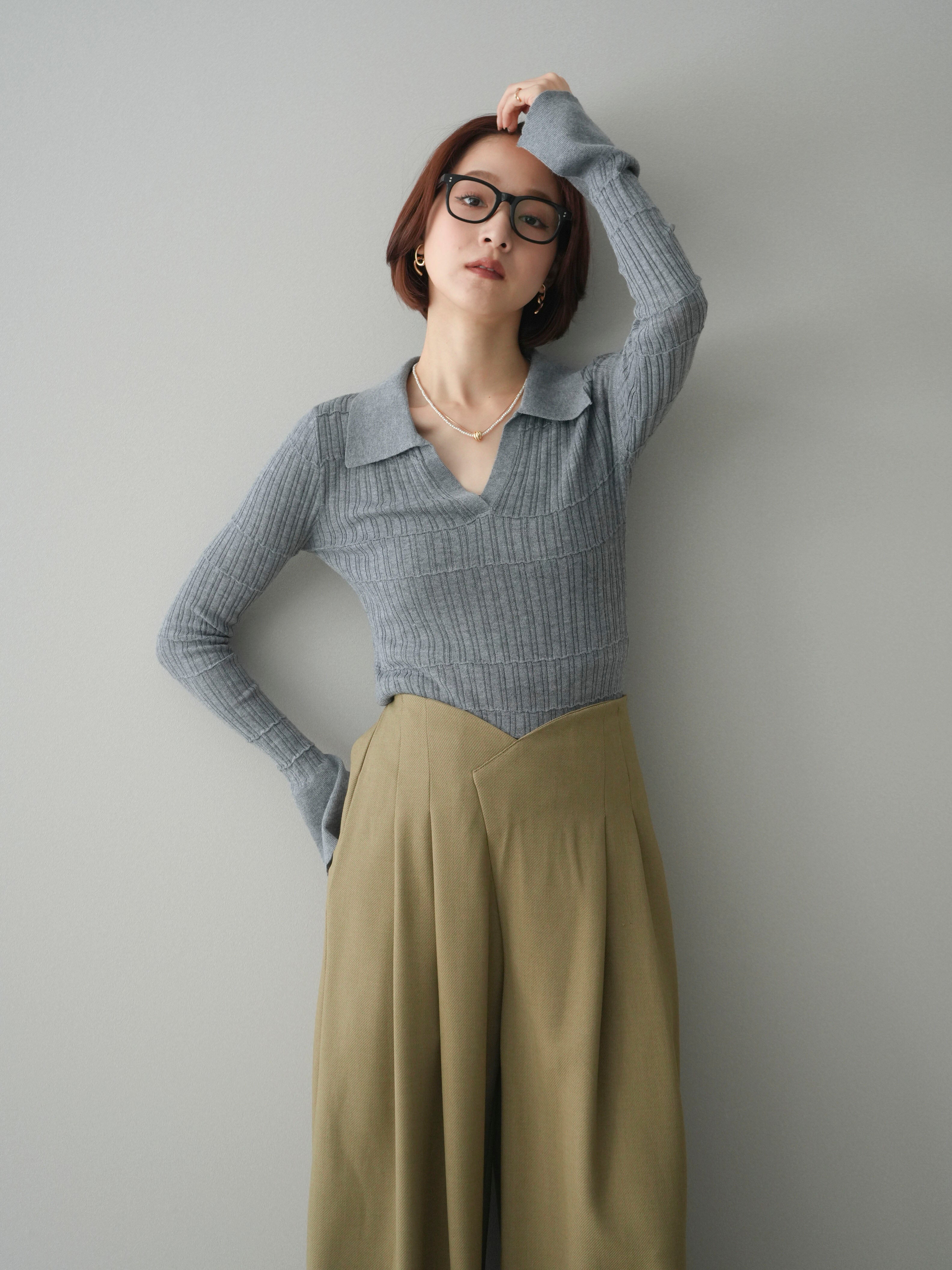 YLÈVE / シアーリブニットスキッパーポロ新品未使用 M L ]深Uネックシアーリブニットトップス［N1132］[品番：KO000015099