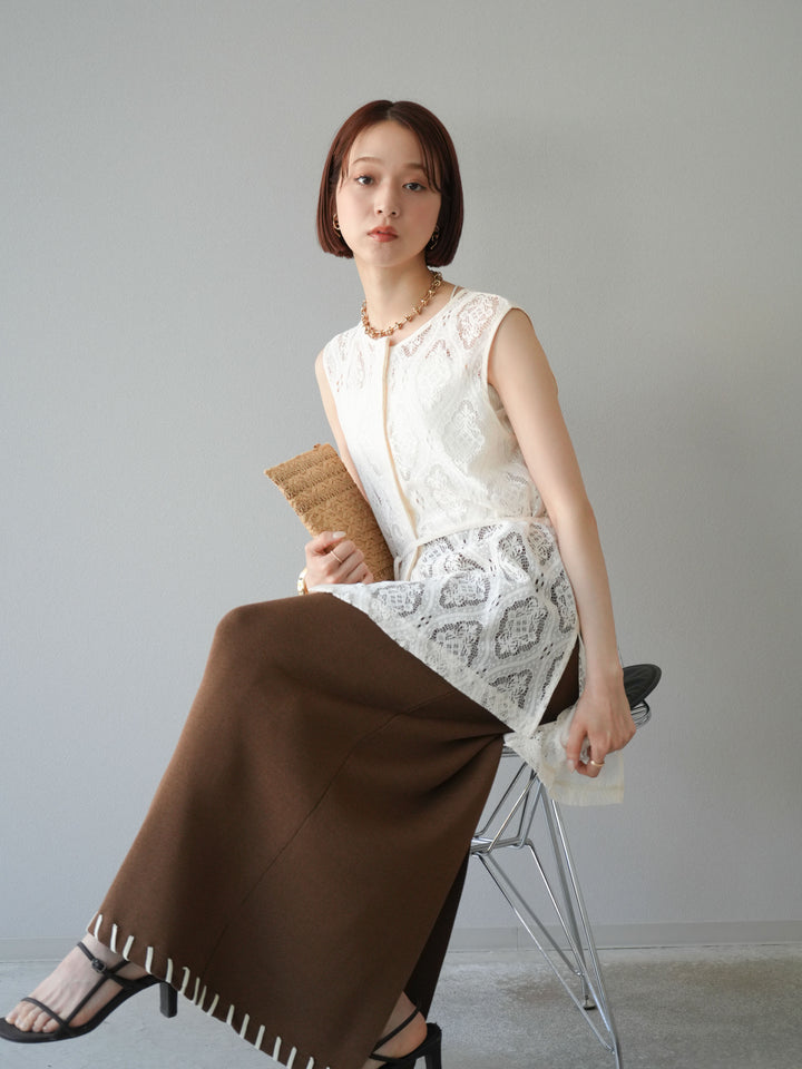 [予約]サテンパイピングレースノースリーブトップス/アイボリー