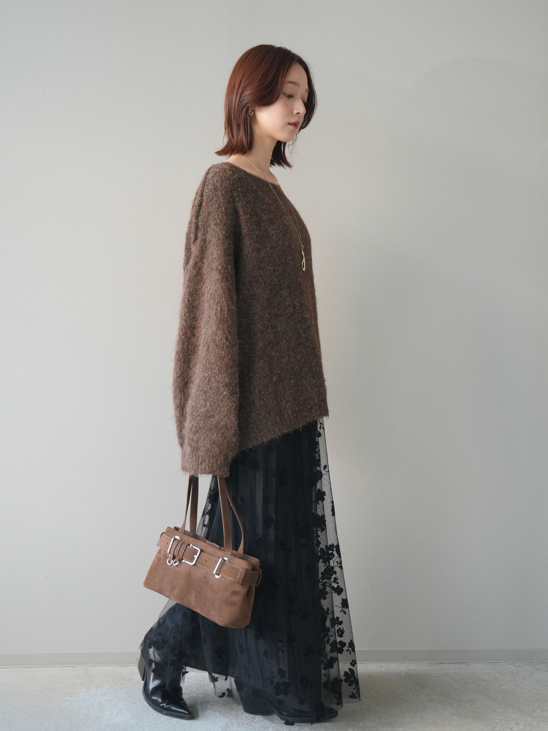 [SET]透かしデザインニットプルオーバー+フラワーフロッキーチュールプリーツスカート(2set)