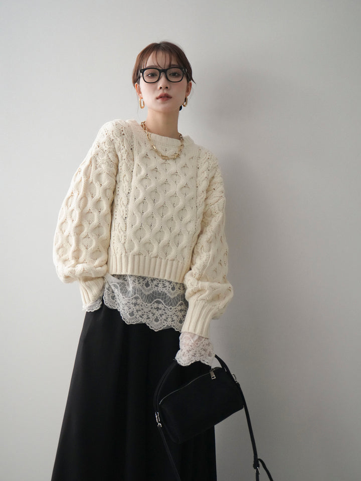 [SET]バルキーケーブルクロップドニットプルオーバー+チュールレーストップス(2set)