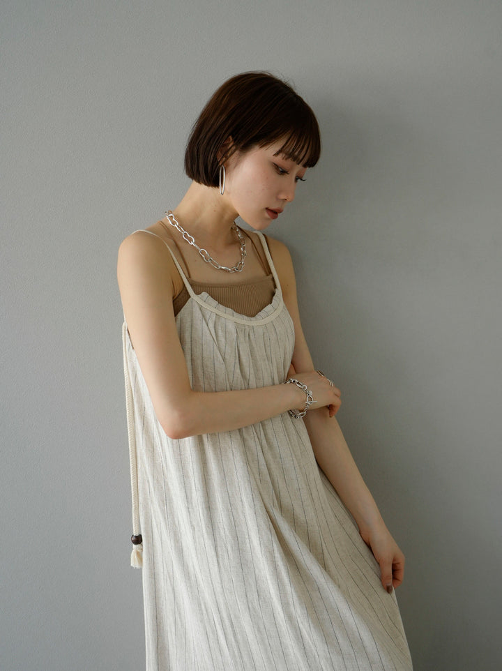 [SET] Cotton linen striped camisole dress + double strap cut ribbed bra camisole (2set)