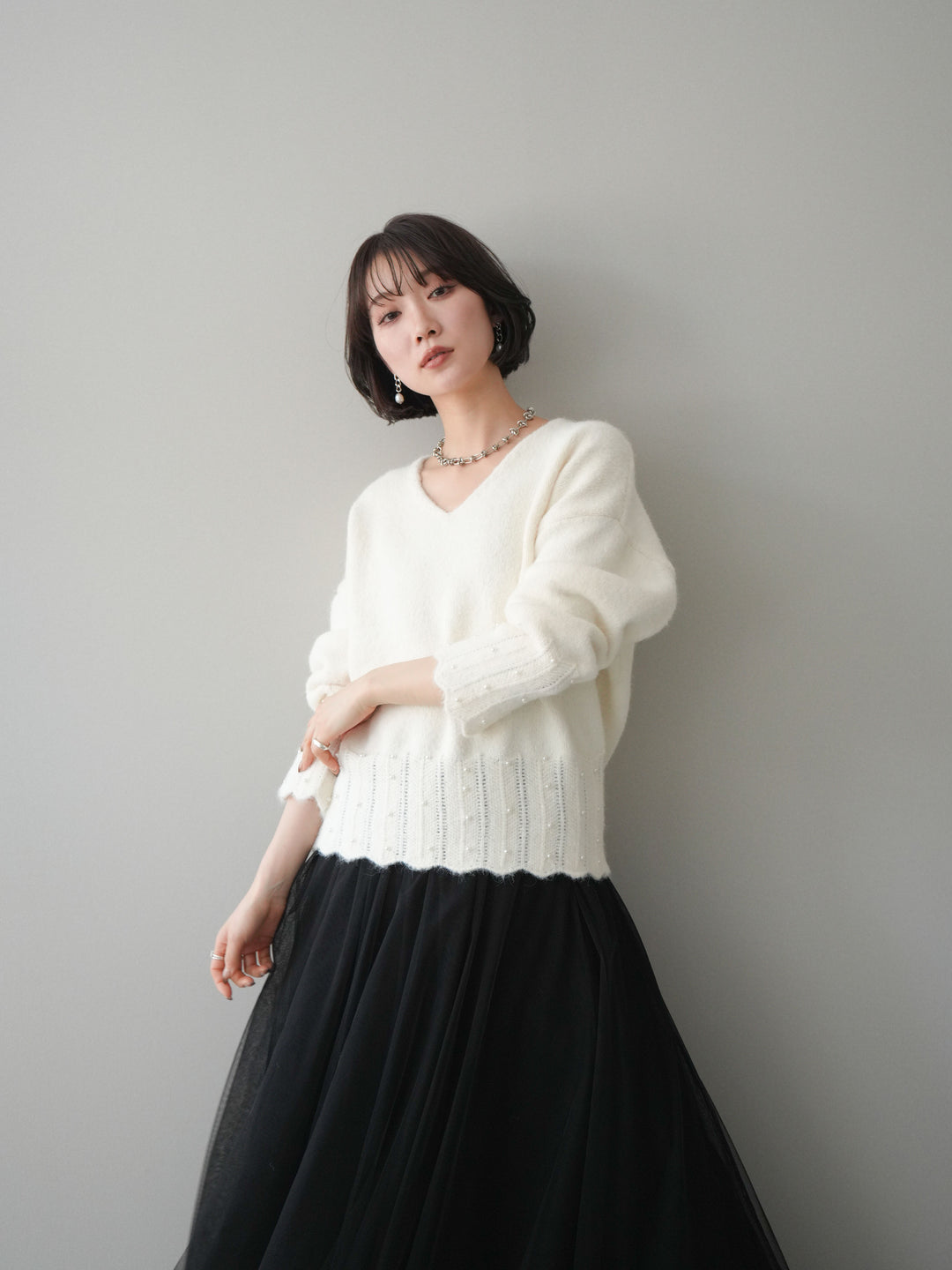 [SET]パールフリルリブヘムニットプルオーバー+チュールボリュームスカート(2set)