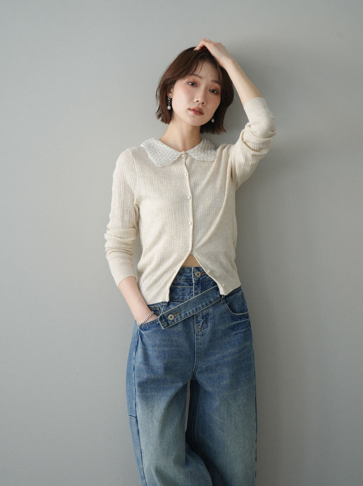[予約]ビジュー襟パールボタンニットカーディガン/ivory