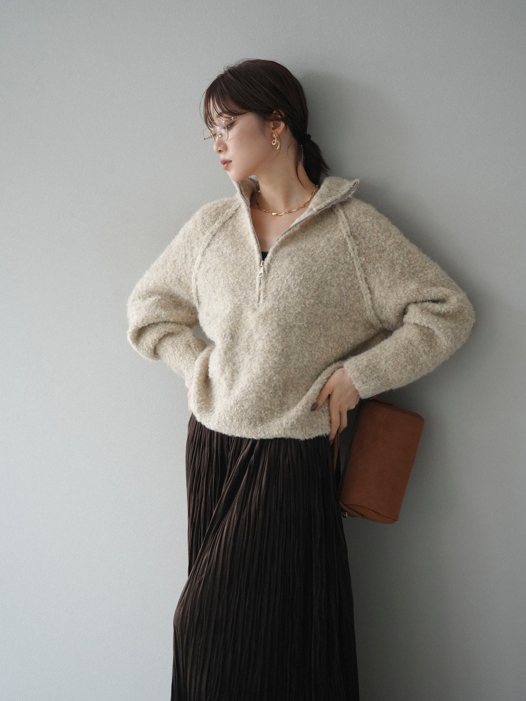 [予約]スタンドジップMIXブークレニットプルオーバー/beige