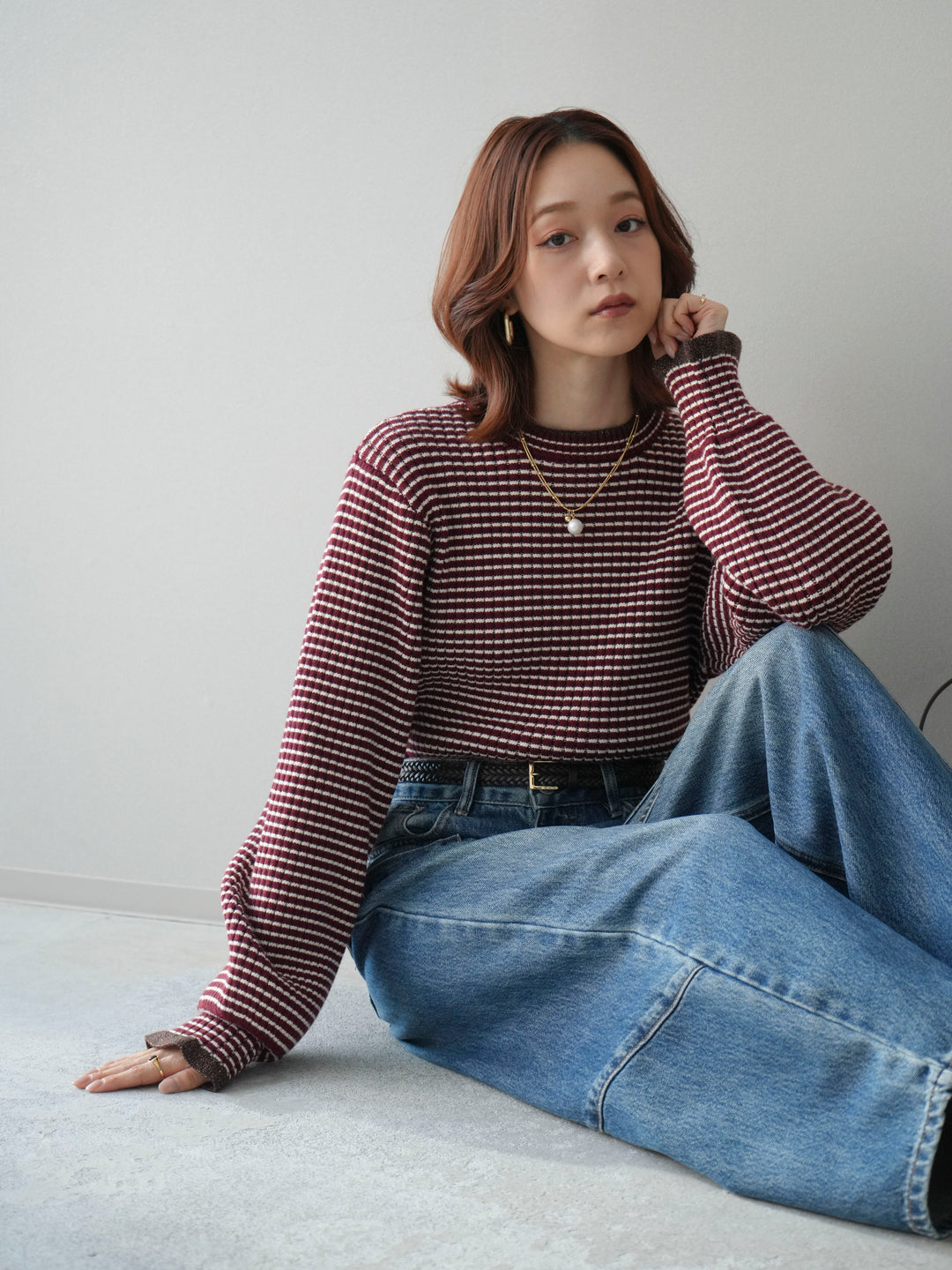 [SET]ラメ異素材ボーダーリブニットプルオーバー+ペインターカーブデニムパンツ(2set)