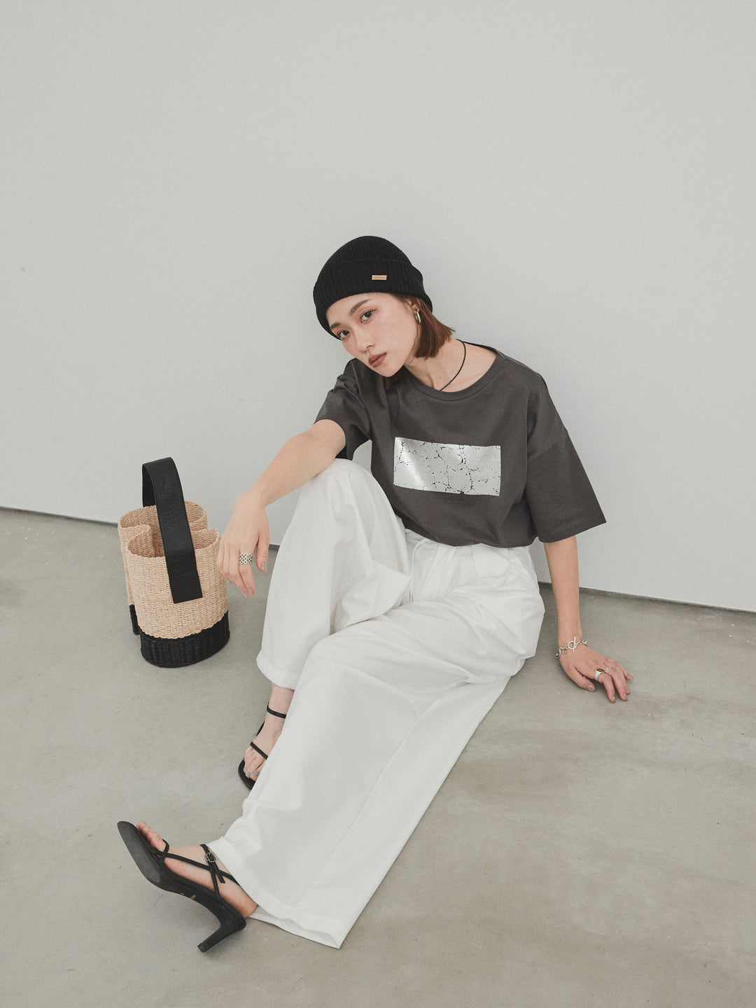 [予約]箔プリントドライタッチコットンTEE /チャコール