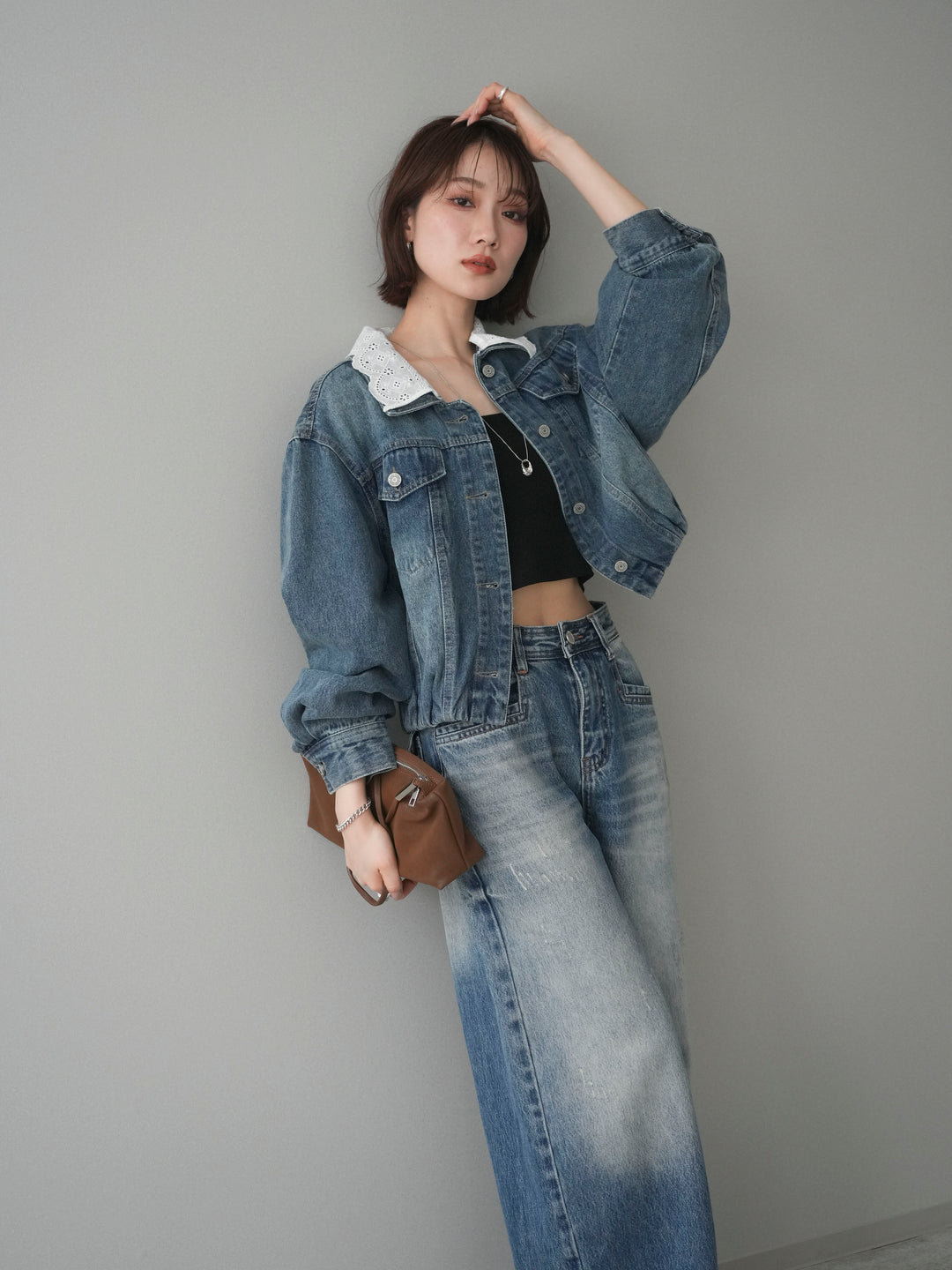 [SET]襟レースデニムショートジャケット+選べるアクセセット(2set)