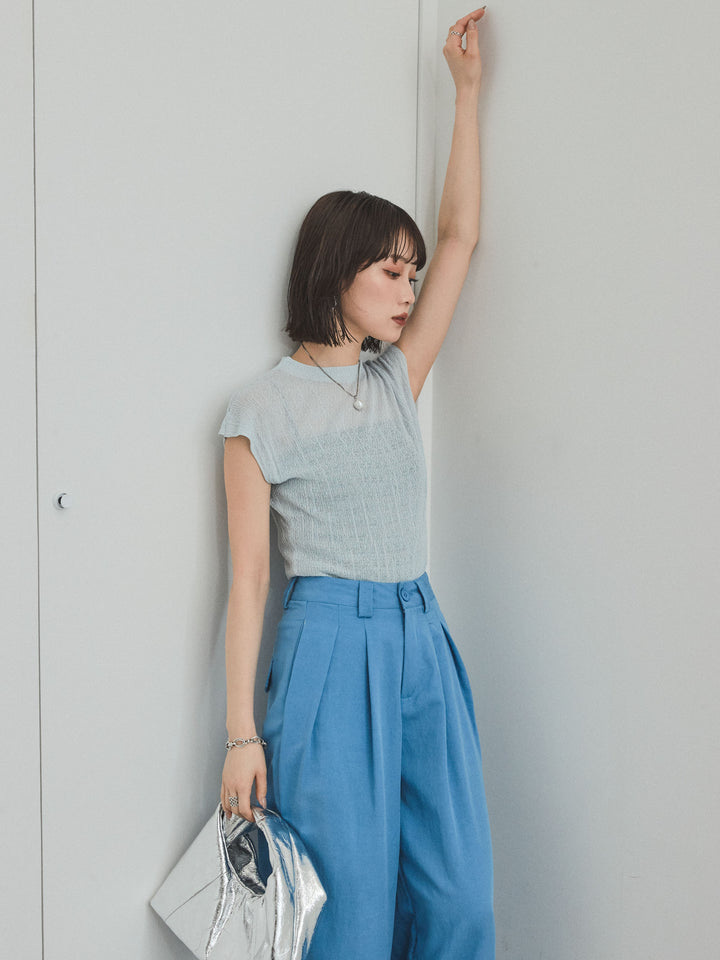 [SET] 法式袖透視針織上衣 + 亞麻觸感褶皺寬褲 (2set)