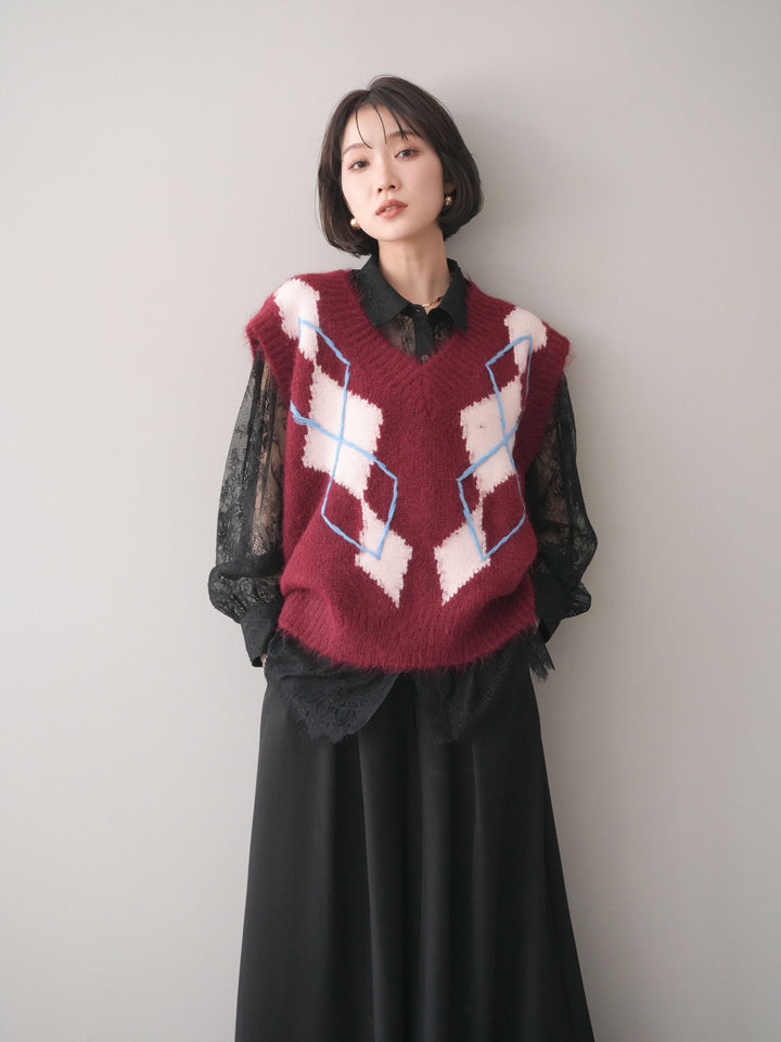 [SET]アーガイルVネックニットベスト+選べるアクセセット(2set)