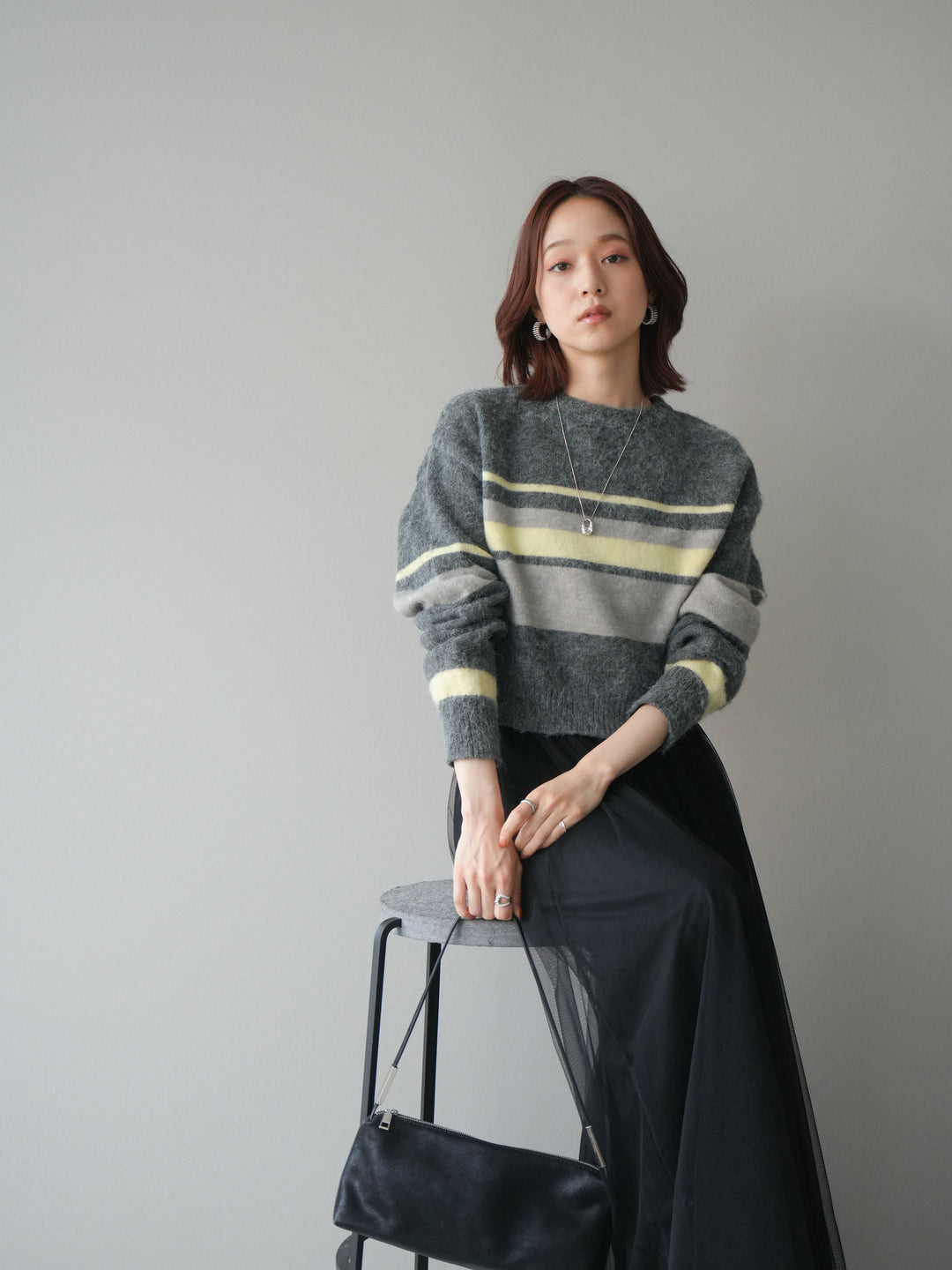 [SET]ソフトタッチボーダークロップドニットプルオーバー+チュールボリュームスカート(2set)