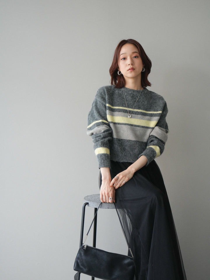 [SET]ソフトタッチボーダークロップドニットプルオーバー+チュールボリュームスカート(2set)