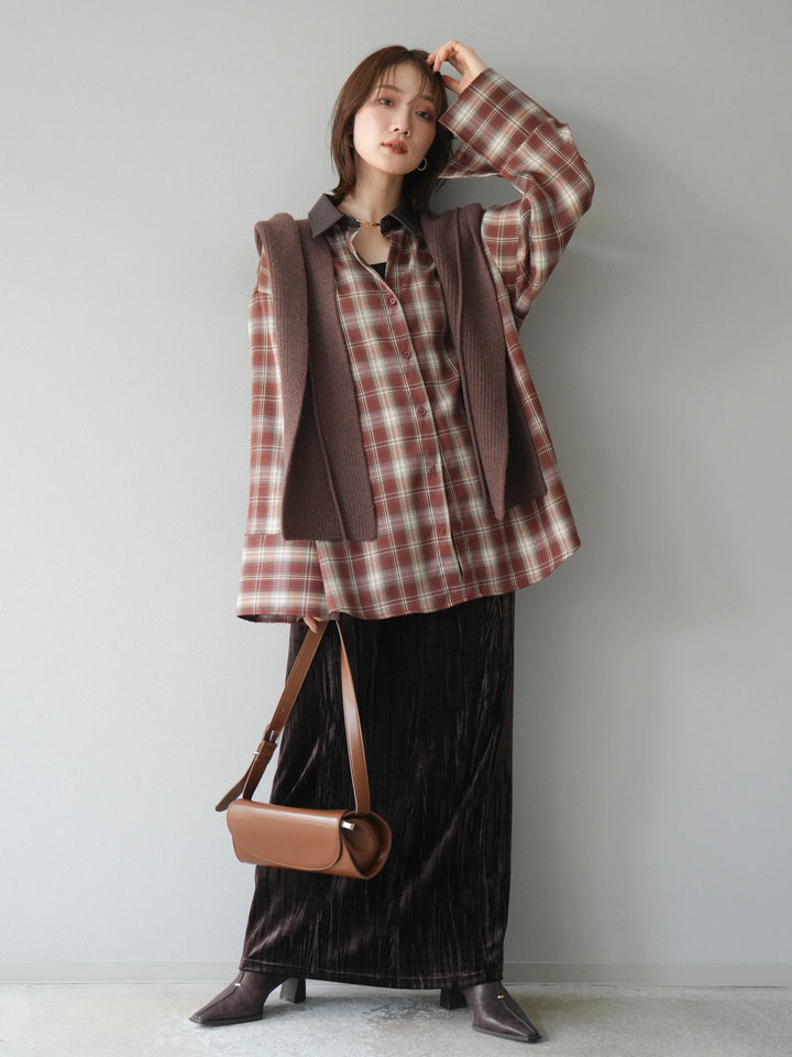 [予約]レザー襟オンブレチェックオーバーシャツ /レッド