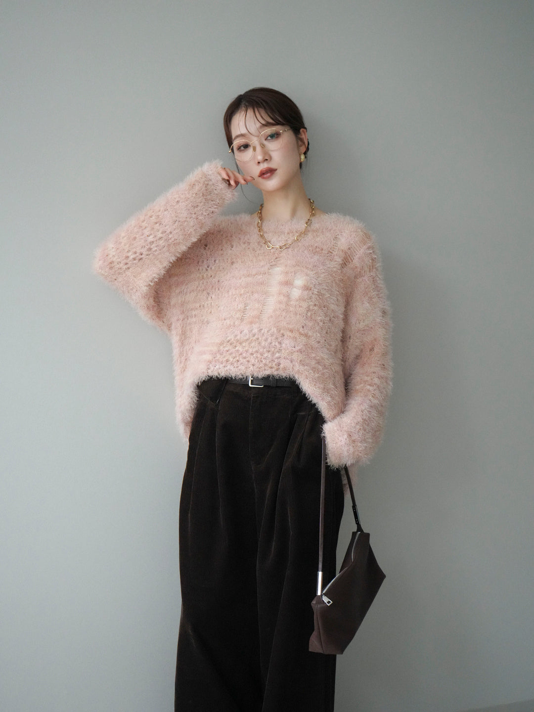 [予約]ミックスシャギールーズニットプルオーバー/pink