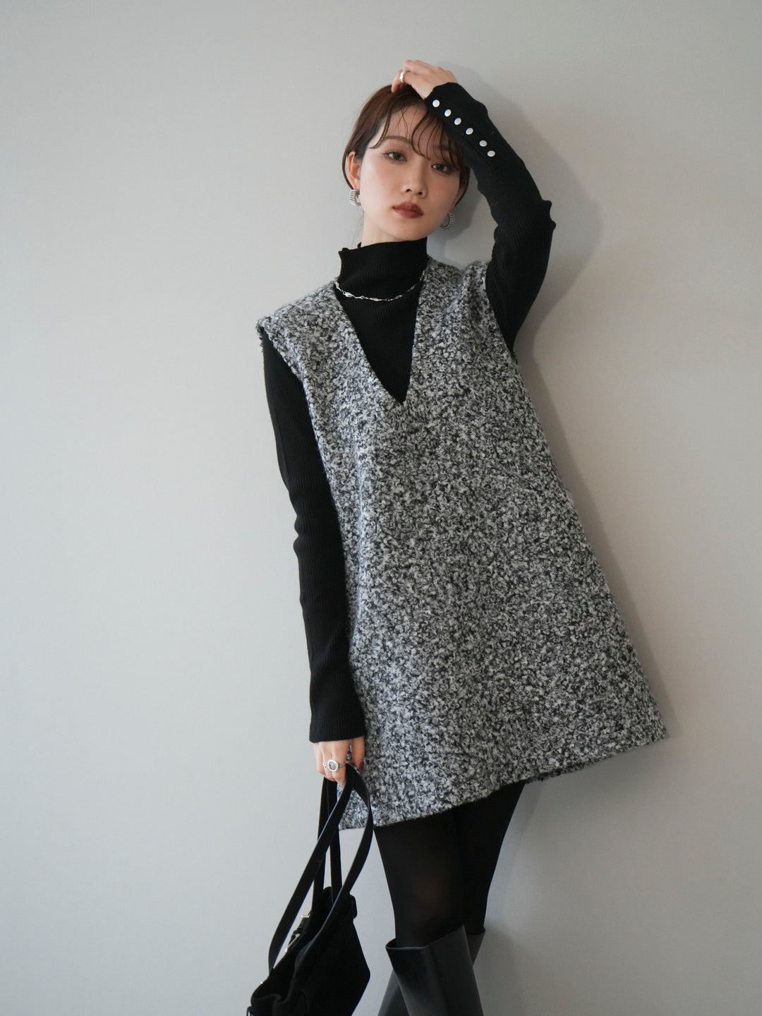 [予約]ミックスループヤーンニットミニワンピース/gray