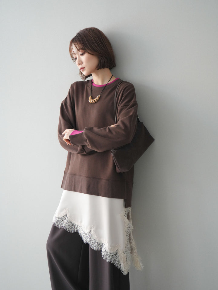 [SET]配色レイヤードデザインスエットプルオーバー+アシンメトリーサテンレースキャミソール(2set)