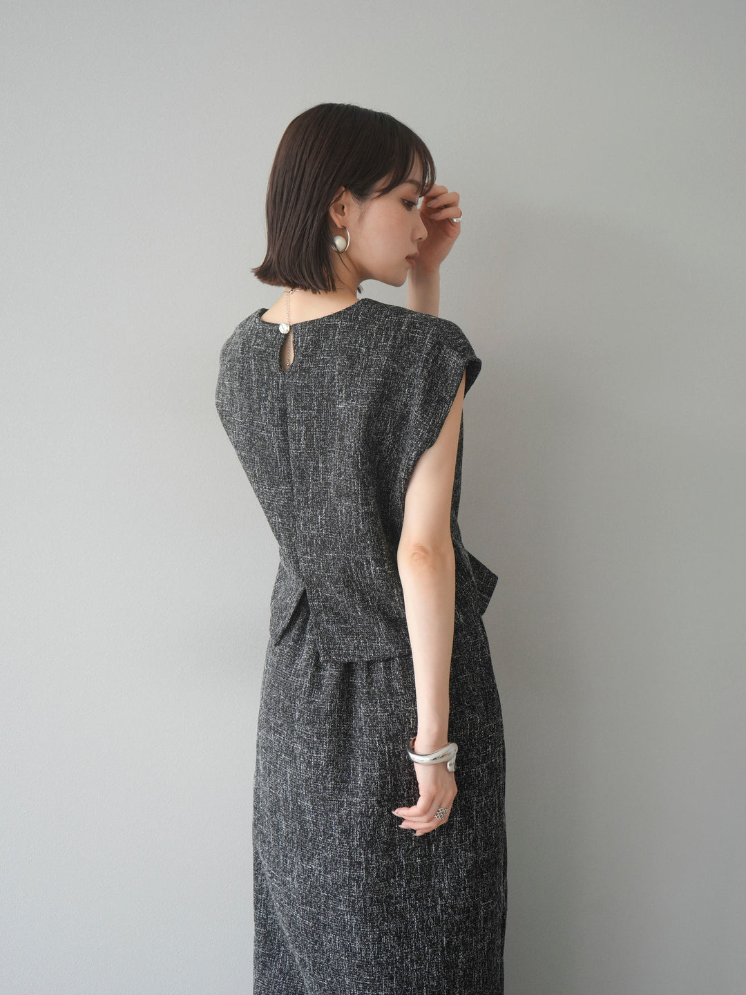 [予約]サマーツイードぺプラムブラウス/ブラックホワイト