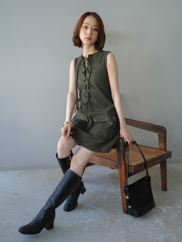 [予約]レースアップスエードミニワンピース/カーキ