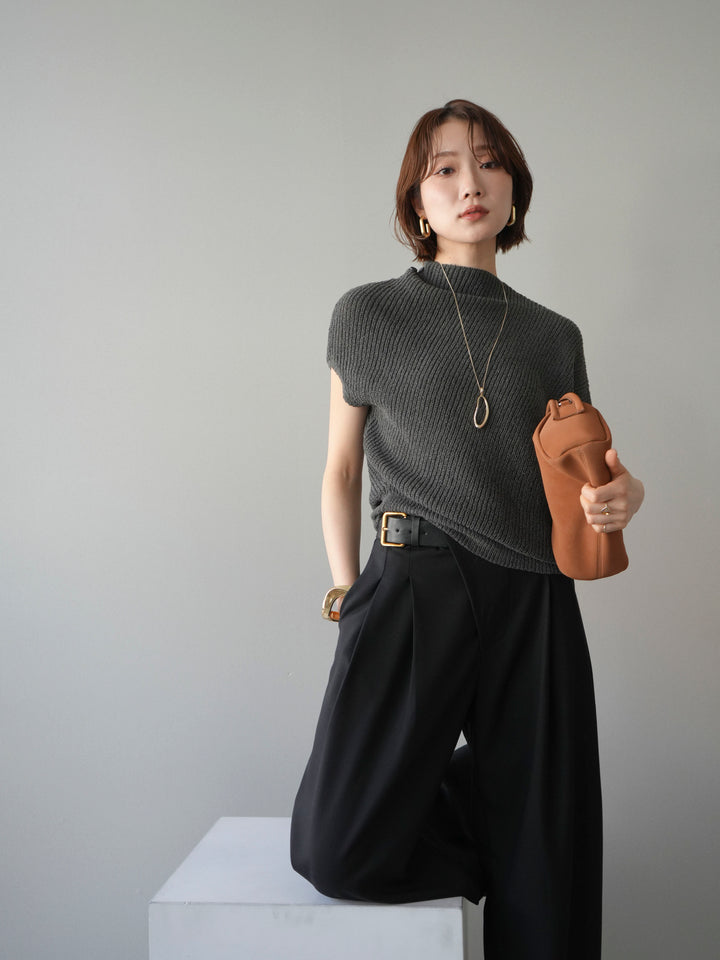 [SET]アシンメトリーローゲージニットトップス+アシンメトリーベルトタックワイドパンツ(2set)