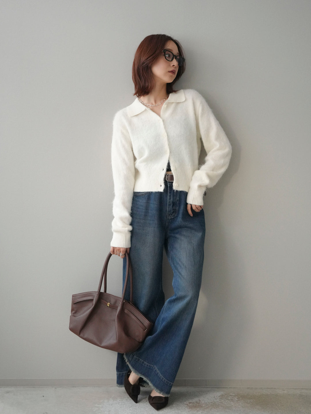 [SET]モヘア衿付きボタンプルオーバー+裏起毛裾フリンジワイドデニムパンツ(2set)