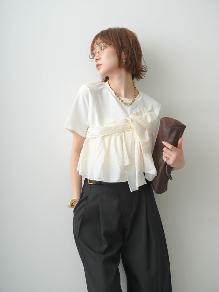 [SET]ナイロンドッキングツイストTEE +アシンメトリーベルトタックワイドパンツ(2set)