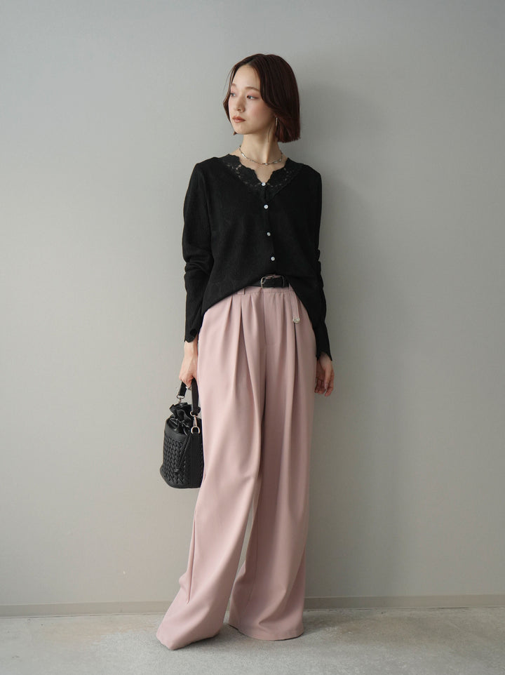 [SET]レースネックジャガードニットカーディガン+ベルト付キーホルダーモチーフワイドパンツ(2set)