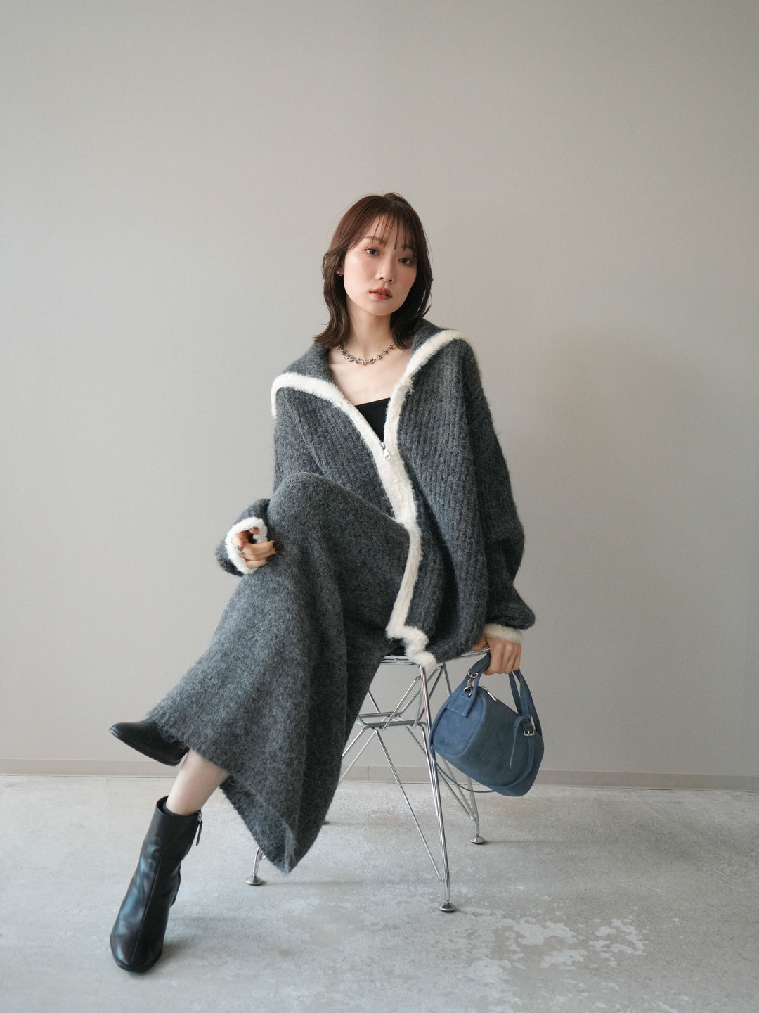 [SET]襟付き配色シャギーニット＆ロングスカートSET UP(2set)