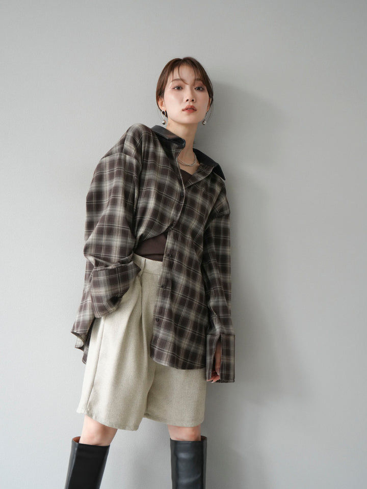 [SET]レザー襟オンブレチェックオーバーシャツ +ツイードハーフパンツ(2set)