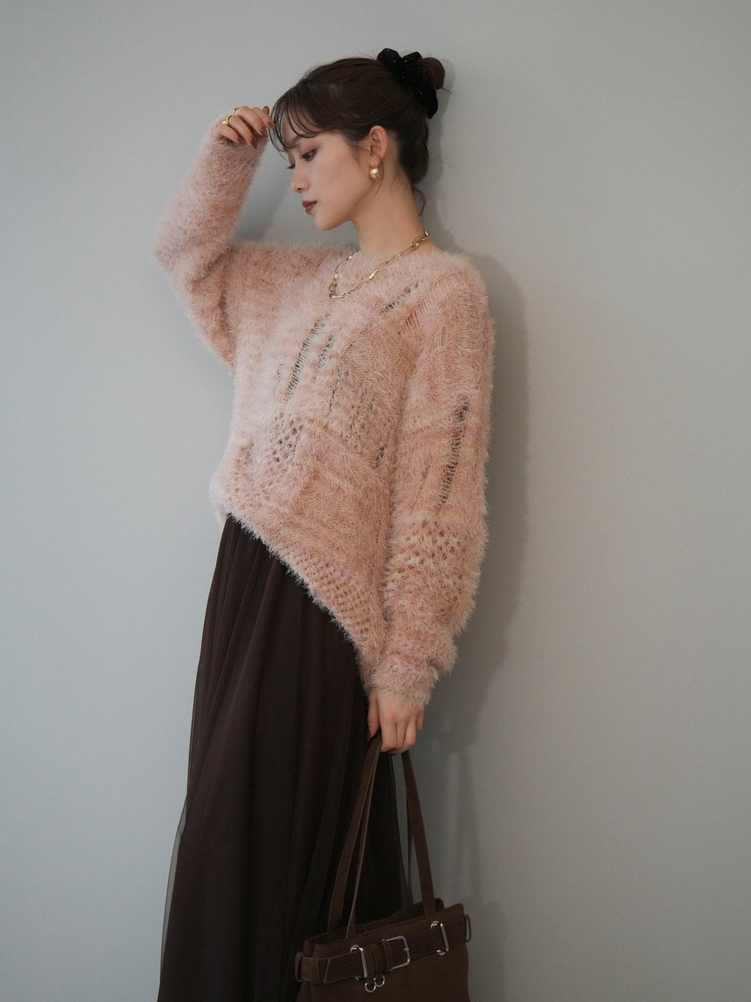 [予約]ミックスシャギールーズニットプルオーバー/pink