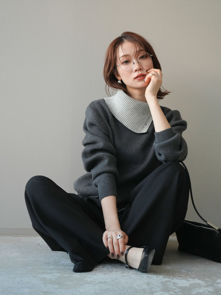 [予約]デザインネックバイカラーニットプルオーバー/charcoal
