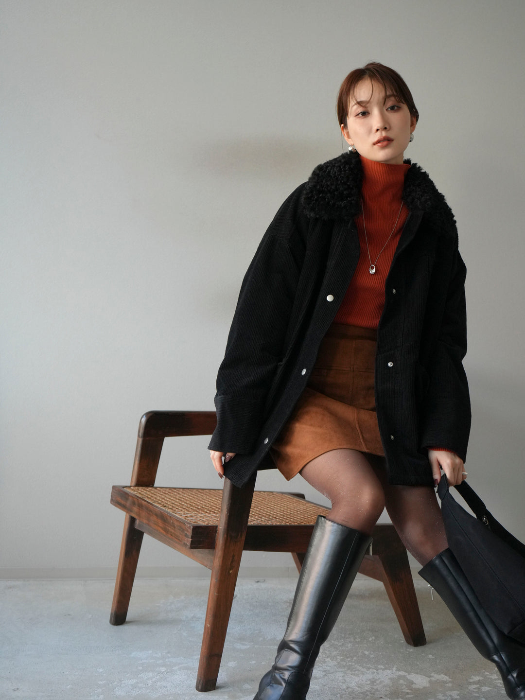 [予約]コーデュロイボア襟フライトジャケット/ブラック