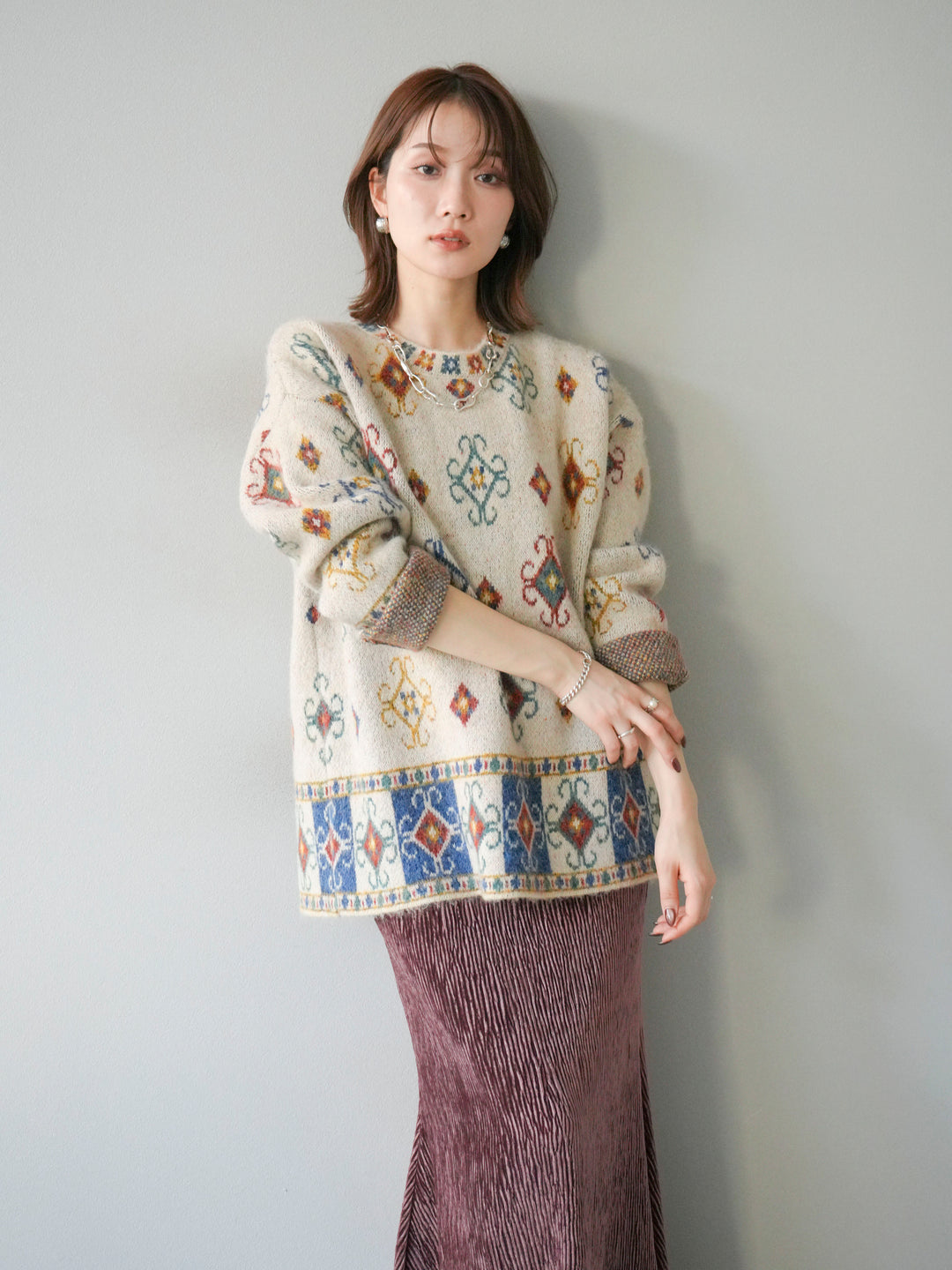 [予約]ヴィンテージ柄オーバーニットプルオーバー/アイボリー