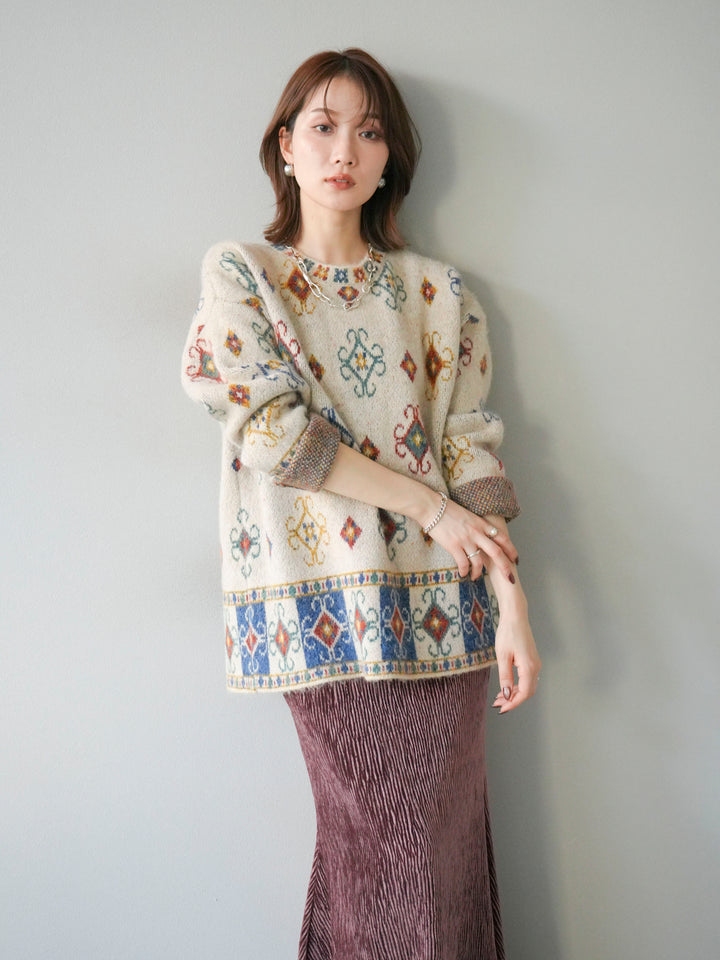 [予約]ヴィンテージ柄オーバーニットプルオーバー/アイボリー
