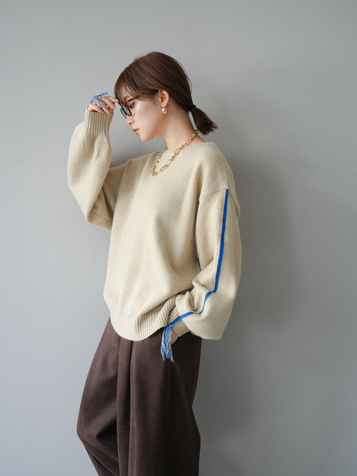 [SET]配色ステッチフリンジニットプルオーバー +スウェードタックワイドパンツ(2set)