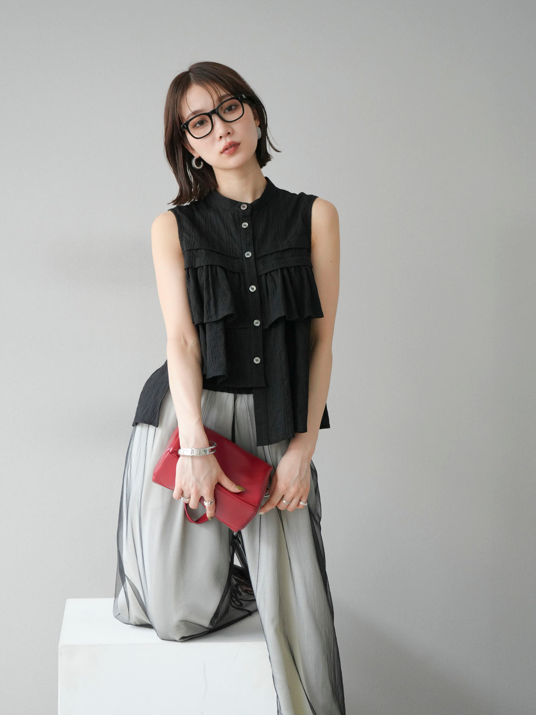 [SET]ドビーストライプアシンメトリーフリルノースリブラウス+リネンライクイージーワイドパンツ(2set)