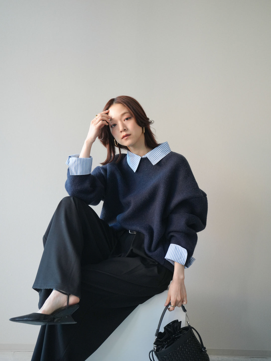 [SET]2WAYストライプ襟ニットプルオーバー+ベルトループデザインワイドパンツ(2set)