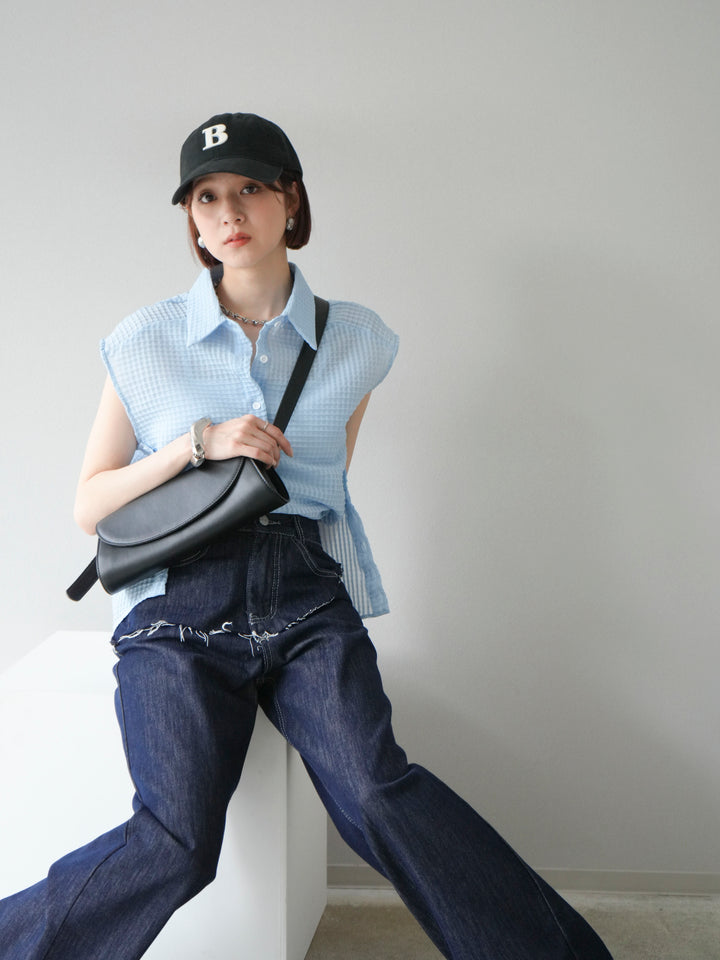 [SET] 透視格紋無袖襯衫 + 臀部設計牛仔褲（2 套）