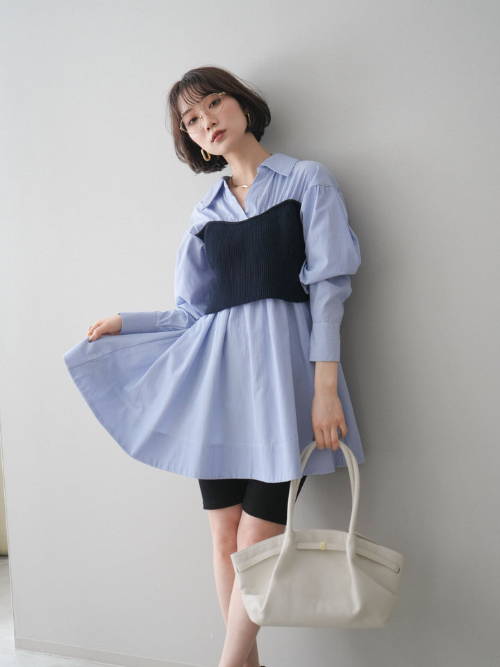 [予約]ニットビスチェドッキングフレアシャツチュニック/stripe