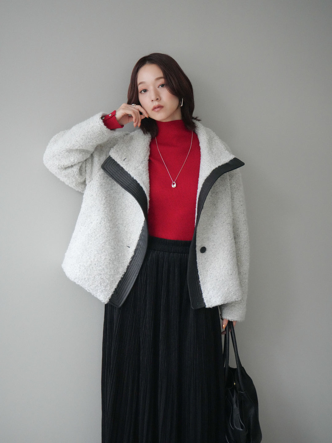 [SET]レザー切替ブークレブルゾン+裾レーススウェードプリーツマキシスカート(2set)