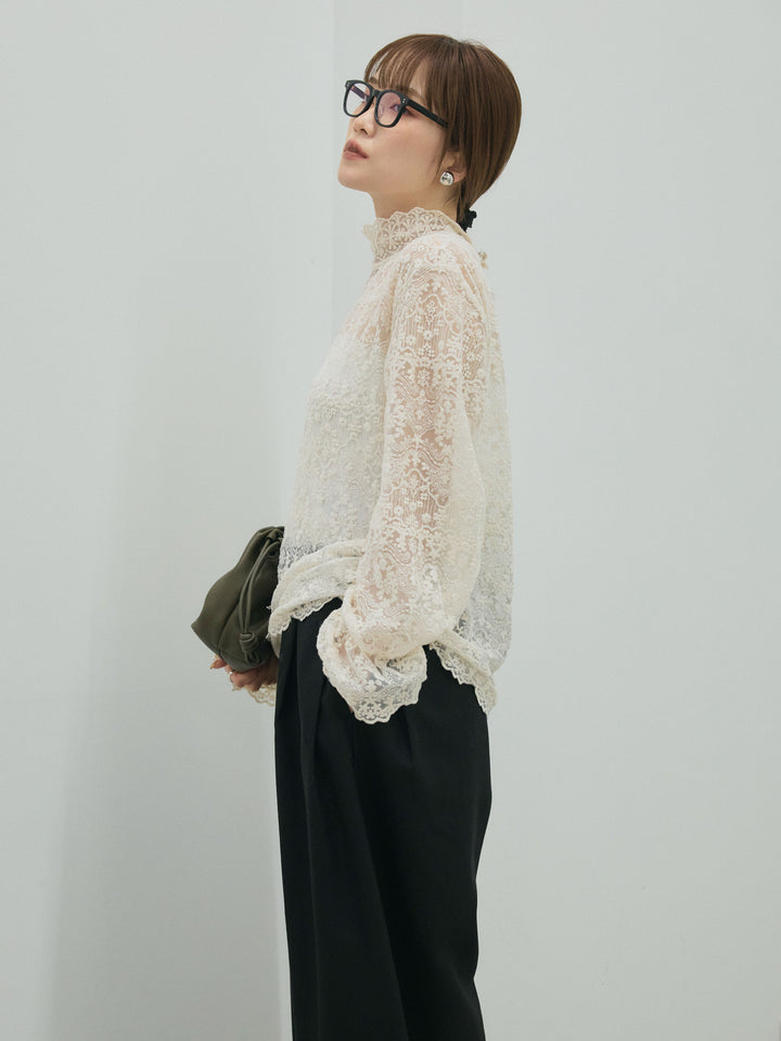 【Allure】[SET]ハイネックレーストップス+モックスカルゼサイドタックコクーンパンツ(2set)