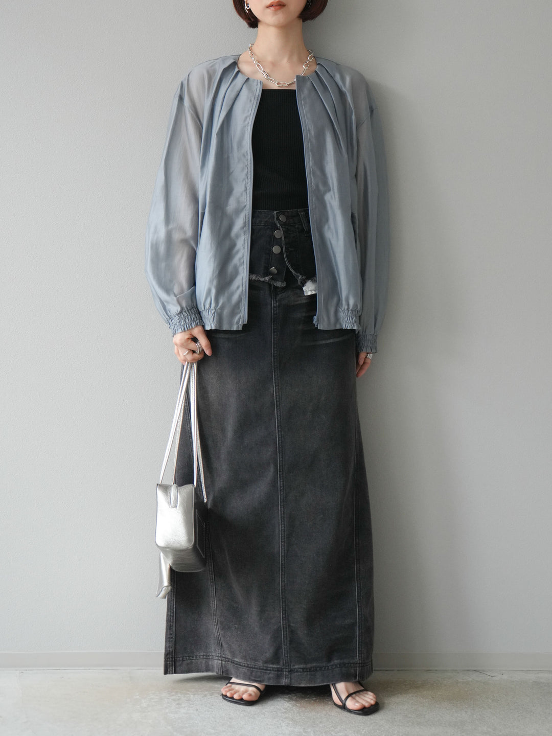 【預訂】褶襉設計透視上衣/灰色