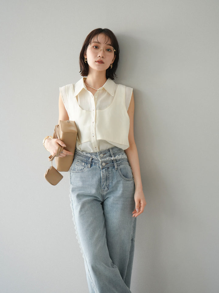 [SET]ステッチシアーレイヤードデザインブラウス+ラインレースデニムパンツ(2set)