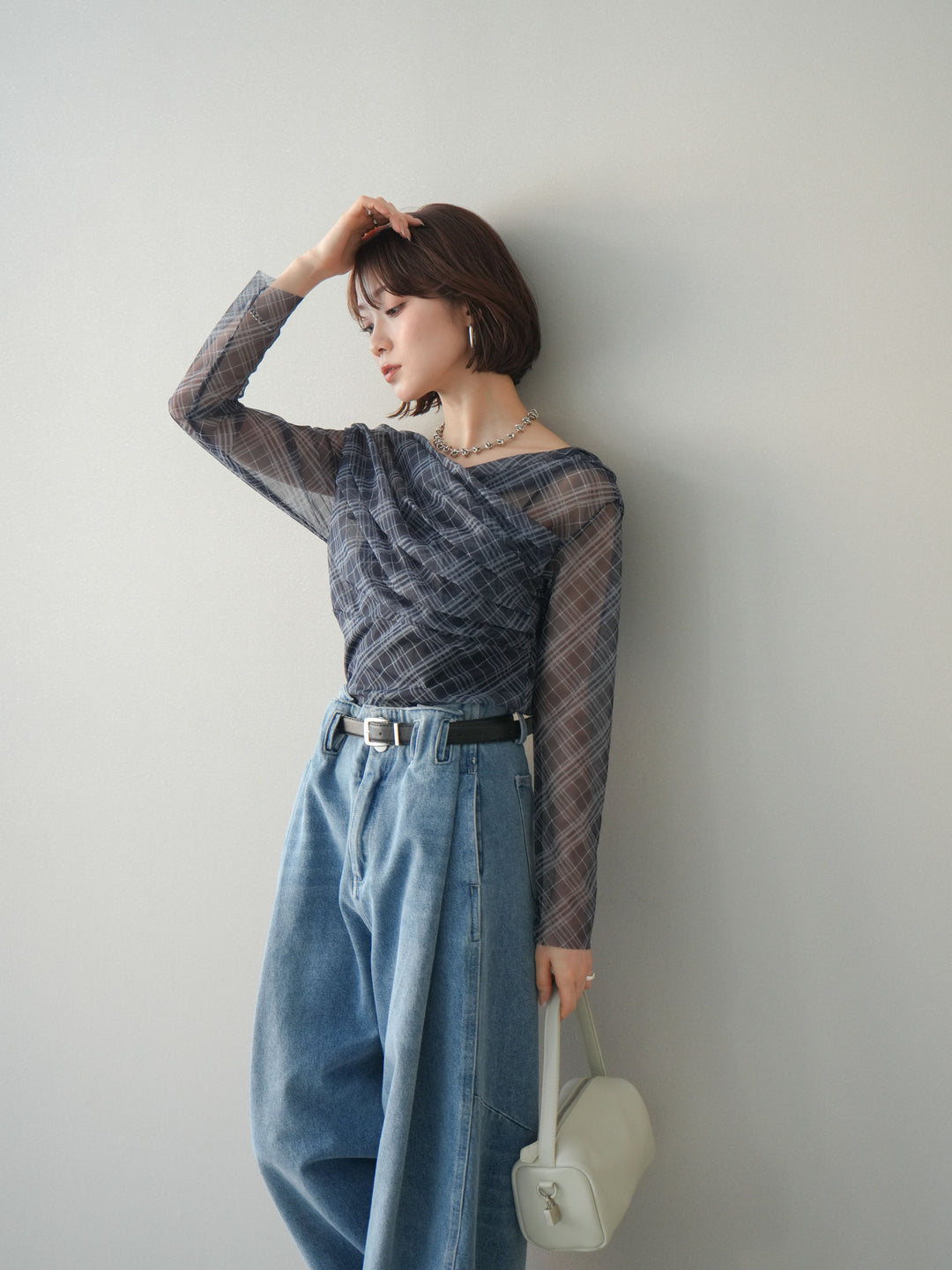 [予約]チュールバイアスチェックプリントタックネックトップス/navy