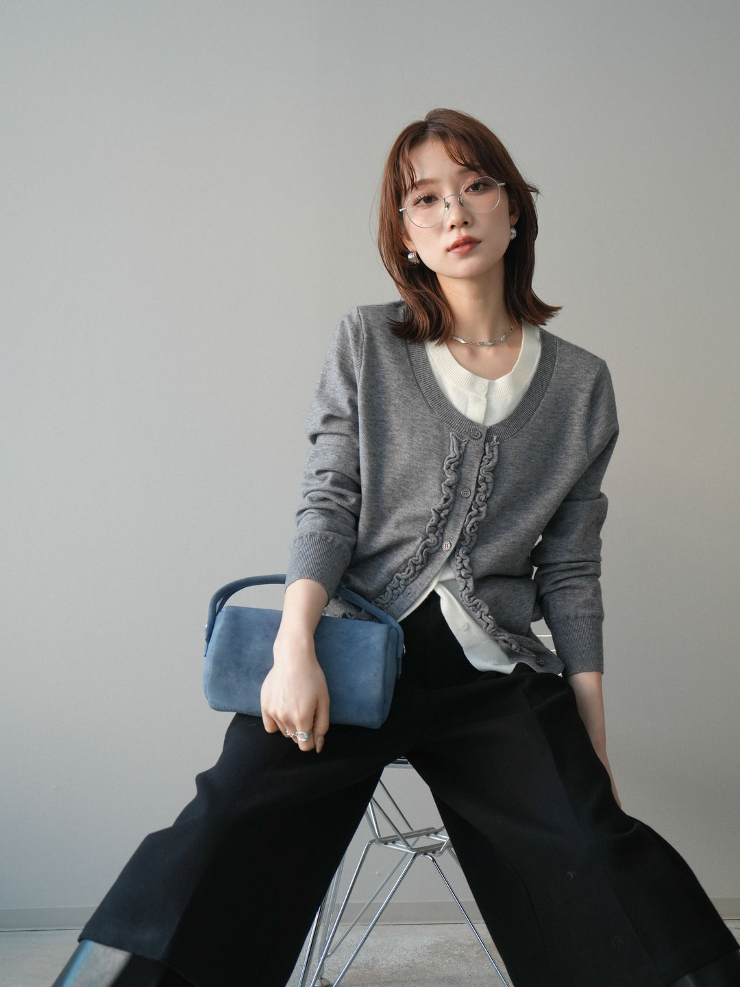 [予約]配色レイヤードフリルデザインニットカーディガン/gray