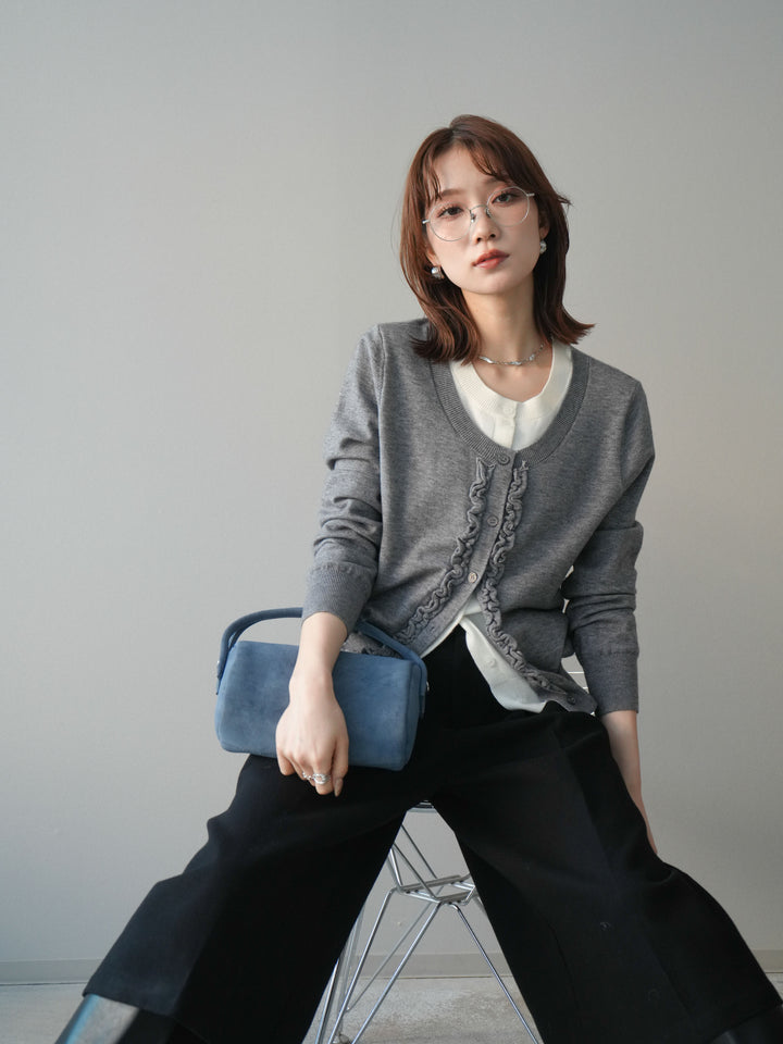 [予約]配色レイヤードフリルデザインニットカーディガン/gray