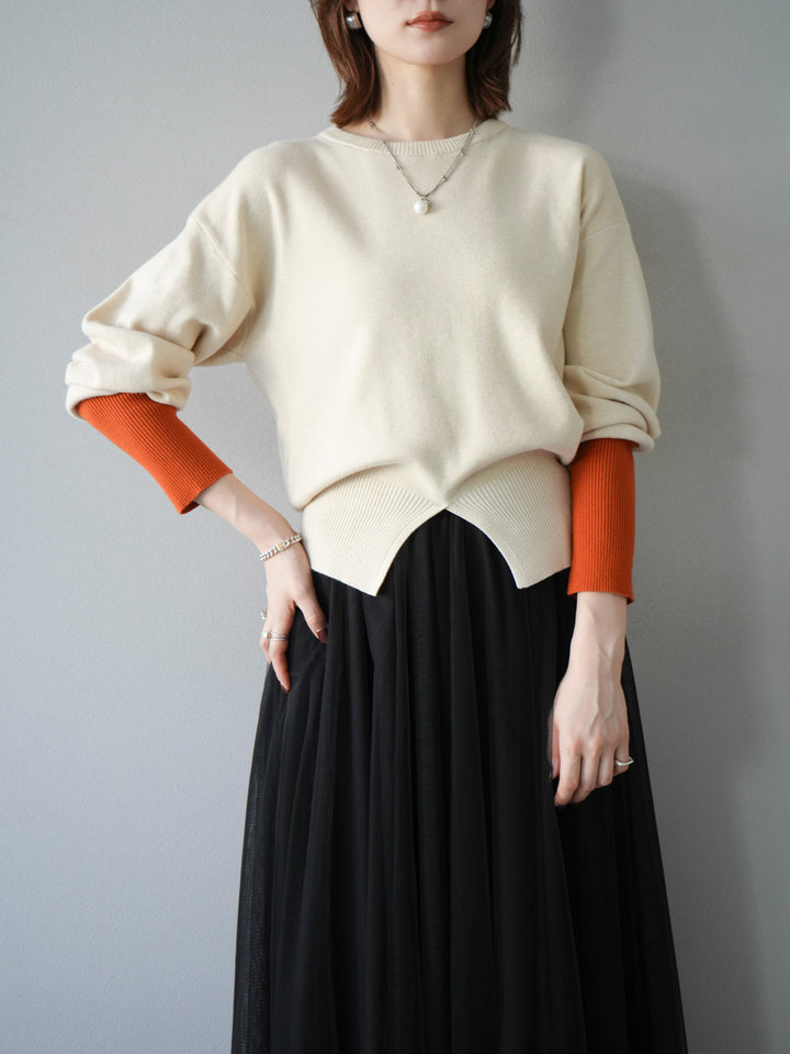 [予約]袖配色フロントスリットニットプルオーバー /アイボリー