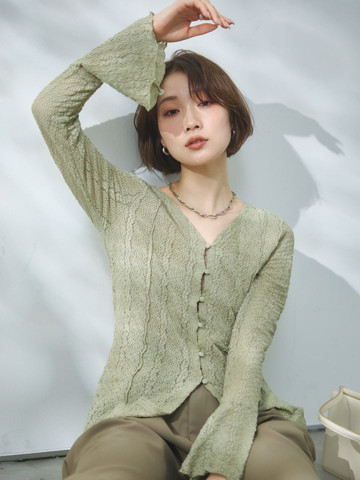 【Allure】[SET]ストレッチレースカーディガン+エステルツイルタックワイドパンツ(2set)