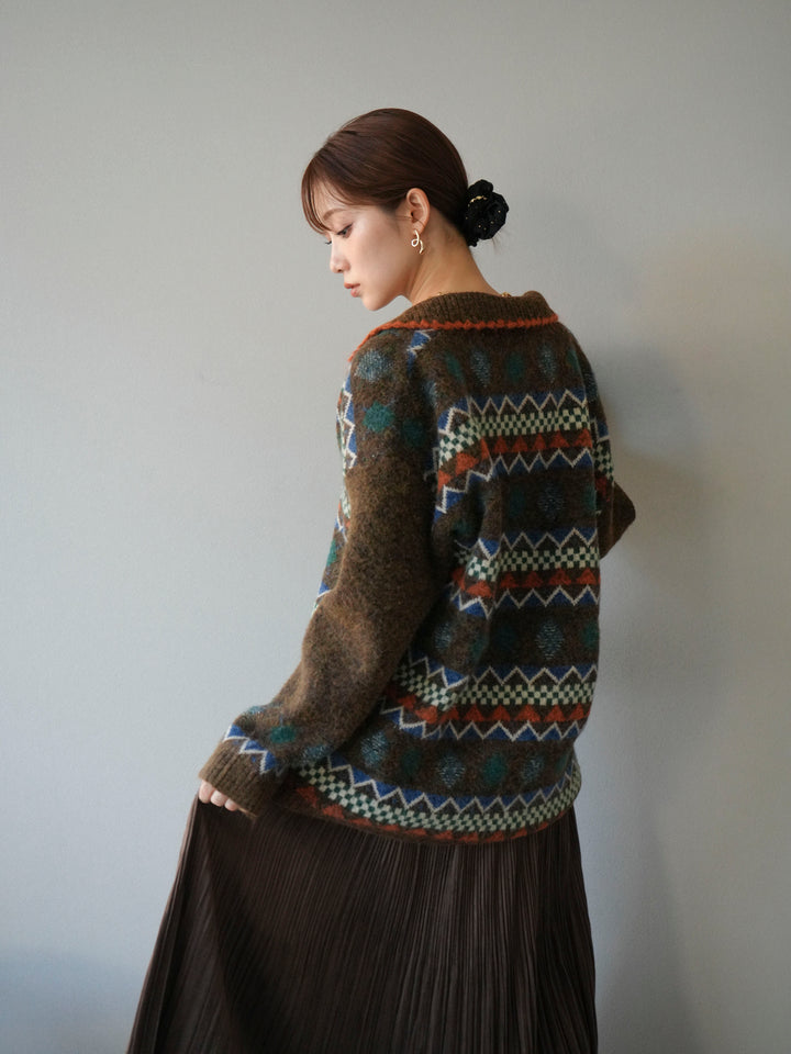 [予約]ノルディック柄ポロニットプルオーバー/ブラウン